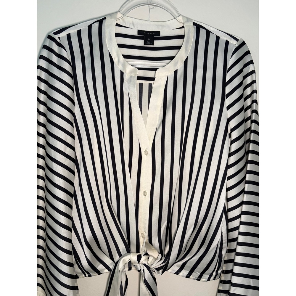 Halogen Womens Black White Striped Tie Front Blouse Flared Sleeve Blouse M